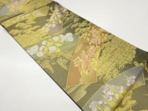 引箔変わり地紙に菊・桜・花々模様織出し袋帯